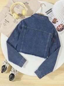 Teen Girl Casual Fashion Street Raw Hem Cropped Denim Jacket, Spring/Autumn Fall Winter