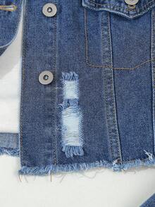 Teen Girl Casual Fashion Street Raw Hem Cropped Denim Jacket, Spring/Autumn Fall Winter