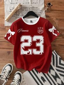 SHEIN EZwear Casual Minimalist Number 23 & Bow Print Round Neck Short Sleeve Loose Women T-Shirt,Red Top