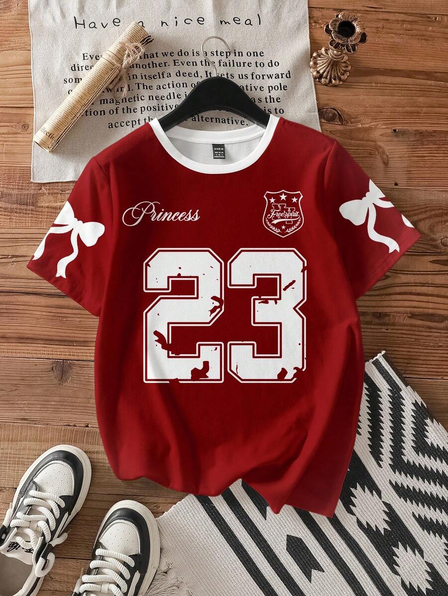 SHEIN EZwear Casual Minimalist Number 23 & Bow Print Round Neck Short Sleeve Loose Women T-Shirt,Red Top