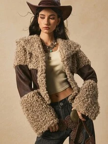 Easelle Áo khoác nữ dáng rộng cổ điển bohemian du mục thắt eo, cổ áo rộng, áo khoác tua rua, quần áo ngoài trời cho nữ, trang phục phương Tây cho nữ, áo khoác lông cho nữ vào mùa thu/đông - màu nâu - Xem 7