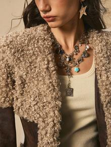 Easelle Áo khoác nữ dáng rộng cổ điển bohemian du mục thắt eo, cổ áo rộng, áo khoác tua rua, quần áo ngoài trời cho nữ, trang phục phương Tây cho nữ, áo khoác lông cho nữ vào mùa thu/đông - màu nâu - Xem 9