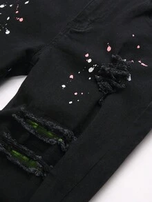 Manfinity Roughcore 男士休闲时尚街头霓虹绿拼布破洞牛仔裤 - 黑色 - 查看 5