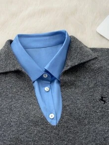 Muvela 女式 Polo 领长袖羊毛衫和短裤两件套，温暖舒适，精致刺绣，复古学院风，休闲日常穿着，返校，下午茶，复古美学，秋季 - 灰色 - 查看 3