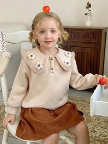 LMoss Kids LMoss 女童纯色彼得潘领3D立体花卉休闲卫衣，套头衫，秋季款，长袖上衣 - 杏色 - 查看 8