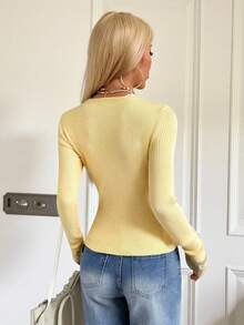 SHEIN EZwear 黄色针织蕾丝拼布女式针织毛衣 - 黃色 - 查看 2