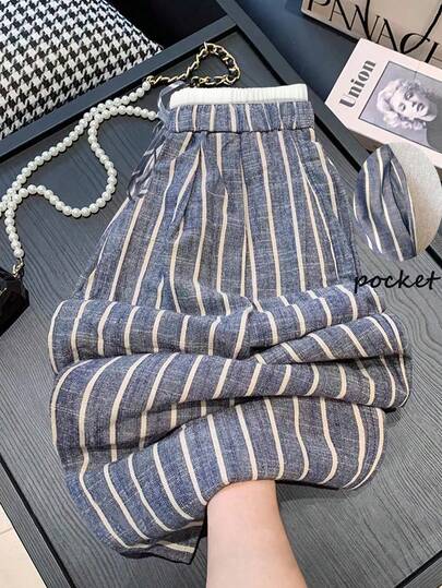 SHEIN Elenzya 大码女式抽绳腰口袋条纹阔腿宽松休闲裤