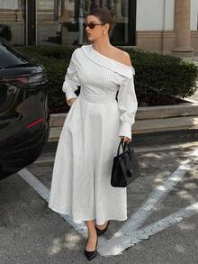 Siren Gaze Women's Autumn Fall Clothes For Women 2025 New Elegant Old Money Style Off-Shoulder White Striped Print Asymmetric Shirt Dress, Casual Luxury Long A-Line Dress With Waistband For Party, Wedding, Work, Commute, Daily Outings, Halloween, Christmas, New Year Bride Formal Elegant White Dress Wedding Guest White Striped Midi Dress Casual Midi Dress White Long Dress One Shoulder Long Sleeve Dress Winter Chic