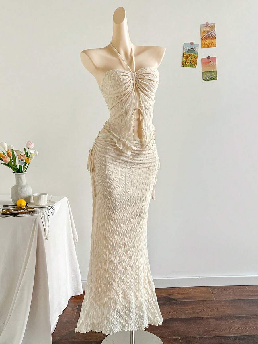 Soleia Women's Elegant Solid Color Halter Neck Spaghetti Strap Hollow Asymmetrical Hem Textured Fabric 2-Piece Set - Apricot - View 1