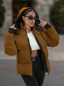 EURMUSE Hooded Zipper Detailed Contrast Rib Cuff Quilted Women's Casual Puffer Down Jacket - Brown - View 6