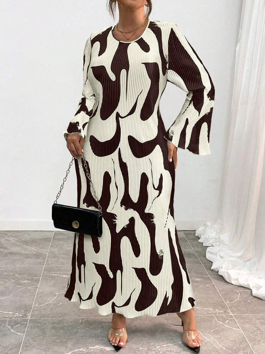 Elenzga 加大码女式几何印花褶皱喇叭袖长款优雅连衣裙,春夏长款女装 - 卡其色 - 查看 1