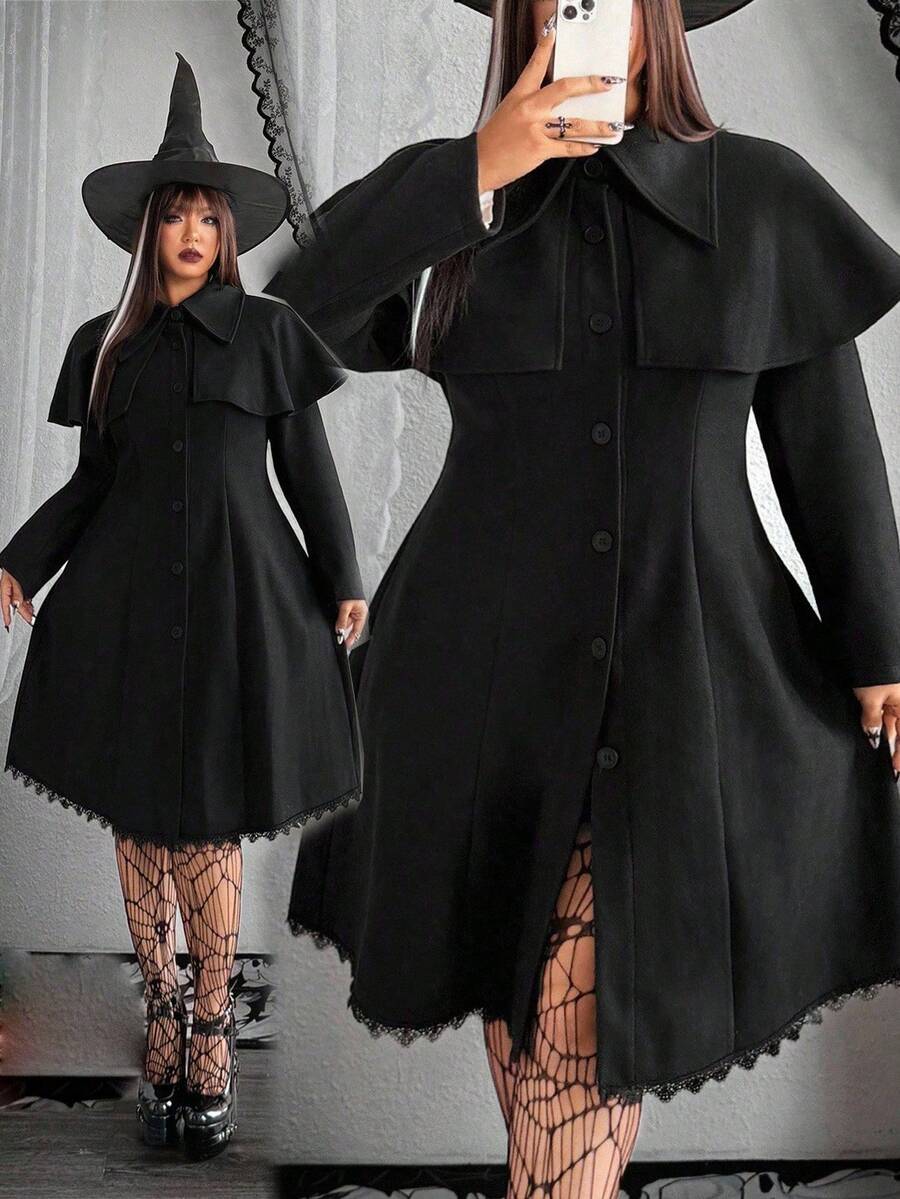 Flirla Grunge Punk Plus Size Women's Cloak Design Fashion Dark Style Woolen Coat Fall Winter Cloth For Women Autumn Halloween - Black - View 1