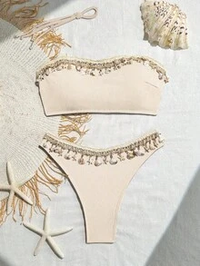 Swim SXY Women 2 Pieces Starfish Hollow Back Cross-Tied Bandeau Bikini Set For Summer Beach Vacation - Apricot - View 4