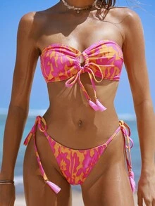 Swim Vcay Summer Beach Allover Print Tassel Drawstring Bandeau Bikini Set - Multicolor - View 3