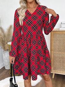 EMERY ROSE Váy dài vừa phải, tay bồng, cổ chữ V, họa tiết kẻ caro, viền bèo nhún dành cho nữ - Đỏ - Xem 4