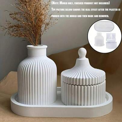 4 件 DIY 圆形条纹花瓶模具蒙古塔形蜡烛罐珠宝收纳盒带盖椭圆形底盘托盘杯垫硅胶模具套装混凝土石膏模具环氧树脂滴模家居桌面装饰摆件