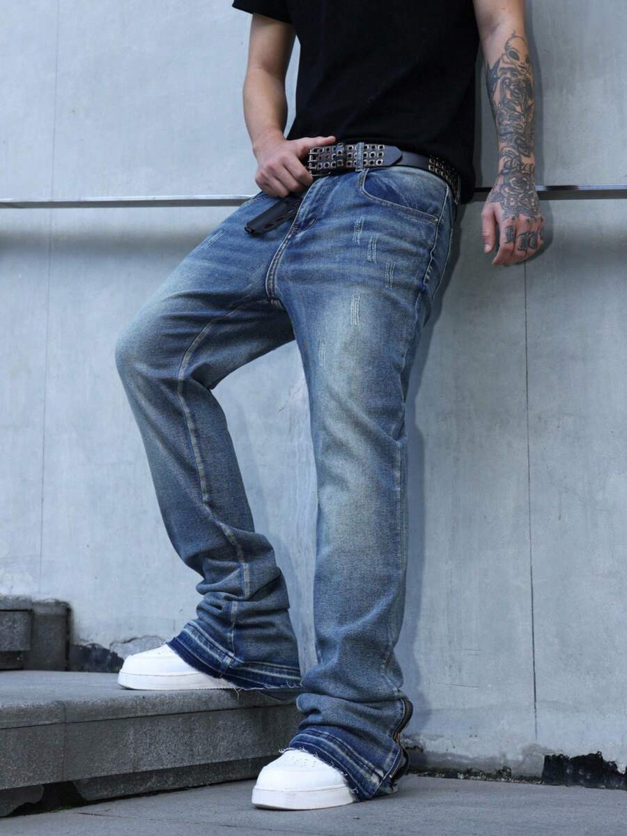 Manfinity EMRG Avant-Garde Men's Medium Wash Wide Leg Denim Jeans With Zipper Detail Long Plain Pattern For Casual Wear - Medium Wash - View 1