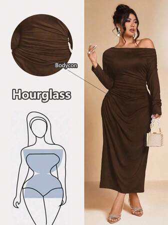 Cravure Plus Size Women's Solid Color Elegant Asymmetric Neck Dress