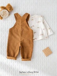 Cozy Pixies 2 件套男婴驯鹿卡通图案针织柔软圆领长袖套头衫和棕色调围兜工装裤套装 - 卡其色 - 查看 2