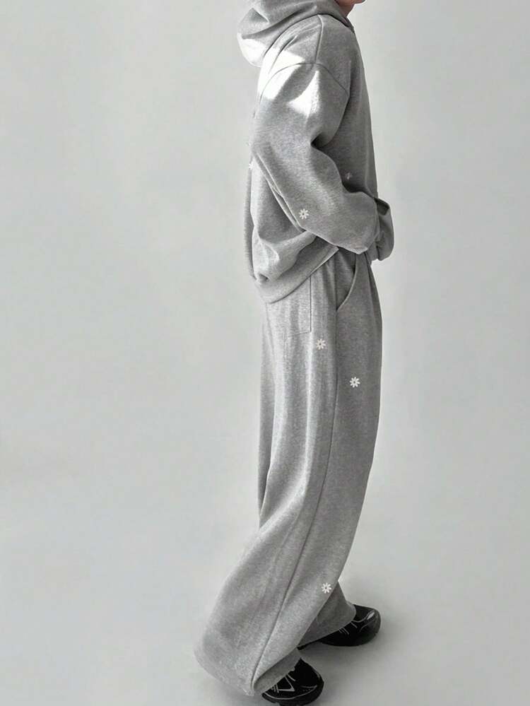 Men's Letter & Floral Print Hoodie Set, Grey Background, Autumn/Winter