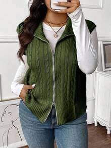 EMERY ROSE Plus Size Women Solid Color Knitted Mock Neck Cable Knit Collegiate Style Zip Front Vest, Autumn/Winter - Olive Green - View 5