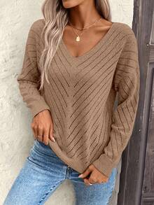 EMERY ROSE 女士宽松休闲镂空几何纹理V领毛衣 - 卡其色 - 查看 7