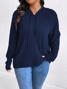 Plus Size Women's Solid Color Hooded Drawstring Drop Shoulder Long Sleeve Casual Ribbed Loose Sweatshirt - Navy Blue - View 5