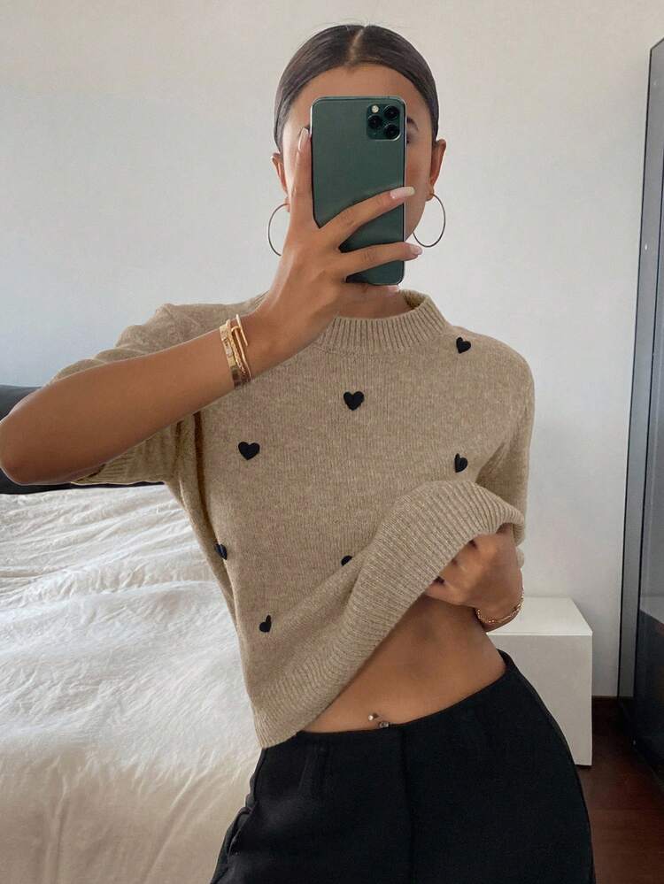 Heart Decor Loose Fit Short Sleeve Crew Neck Casual Knit Top For Women, Spring/Autumn