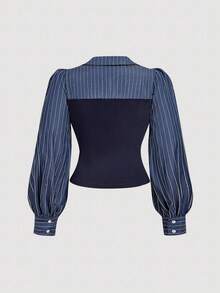 SHEIN MOD Plus Size Navy Blue Contrast Striped Patchwork Asymmetric Hem Split Crop Top Shirt/Fall/Winter