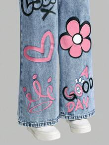 SHEIN ChillGRL Toddler Girl Overalls Girls Floral, Heart, Rainbow Graffiti Print Casual Comfortable Soft Denim Jumpsuit Kids Denim Overalls Toddler Overalls  Girls Overalls Girls Jeans Overalls Girls Jean Overalls Kid Overalls Girls Y2k Halloween Christmas Fall/Winter Holiday Cotton  Vacation White Old Money Childrens Jeans Overall Girls Overall Jumpsuit Girls Denim Overalls - Medium Wash - View 4