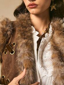 Easelle Veste sans manches vintage avec col en fourrure, laçage à œillets, style nomade. Gilet en fourrure pour femmes, vêtements western, Top en fourrure, hauts western pour l'automne/l'hiver - Tabac - Voir 9
