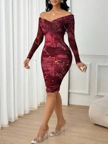 SHEIN Lady Marble Print Off Shoulder Wrap Dress - Burgundy - View 5