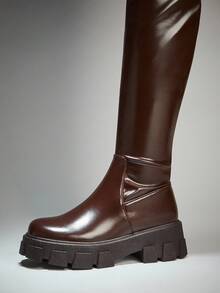 SHUZIA Women's Thick Platform Over The Knee Stretchy Heeled Boots For Christmas - Chocolate Brown - View 7