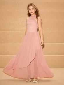 少女优雅奢华粉色露背长款雪纺连衣裙，适合晚会、宴会、婚礼、节日、圣诞节、万圣节、返校、毕业典礼等场合 - 粉色 - 查看 5