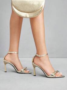CUCCOO SZL Sandal Hak Tinggi Bertali Pergelangan Kaki dengan Hiasan Pita Elegan untuk Wanita - Emas - View 9