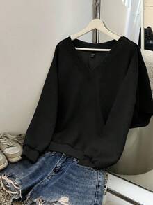 SHEIN EZwear Plus Size Women's Casual V-Neck Plus Size Loose Fit Grey Sweatshirt, Autumn/Winter Fall - Multicolor - View 7