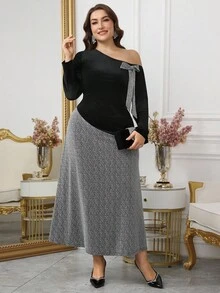 Modelyn Plus Size Women Patchwork Oblique Shoulder Bow Knit Dress - Multicolor - View 5