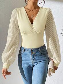 EMERY ROSE Women's Overlap V-Neck Long Sleeve Fitted Fashionable Blouse - Light Yellow - View 5