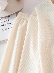 SHEIN 男童宽松舒适休闲华夫格T恤套装，韩版 - 杏色 - 查看 6