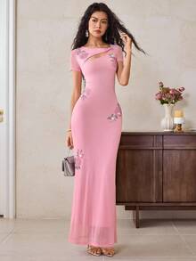 EastFlair Váy tay ngắn đính đá hoa cho nữ - Hồng - Xem 1