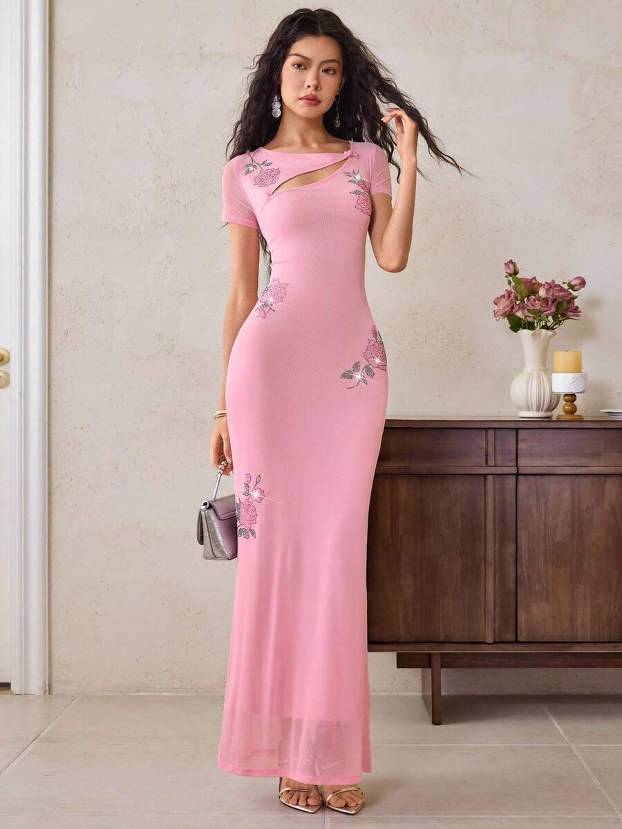 EastFlair Váy tay ngắn đính đá hoa cho nữ - Hồng - Xem 1