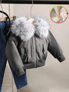 年轻女孩冬季休闲时尚街头拼接蓬松拉链前连帽保暖内衬夹克 - 灰色 - 查看 1