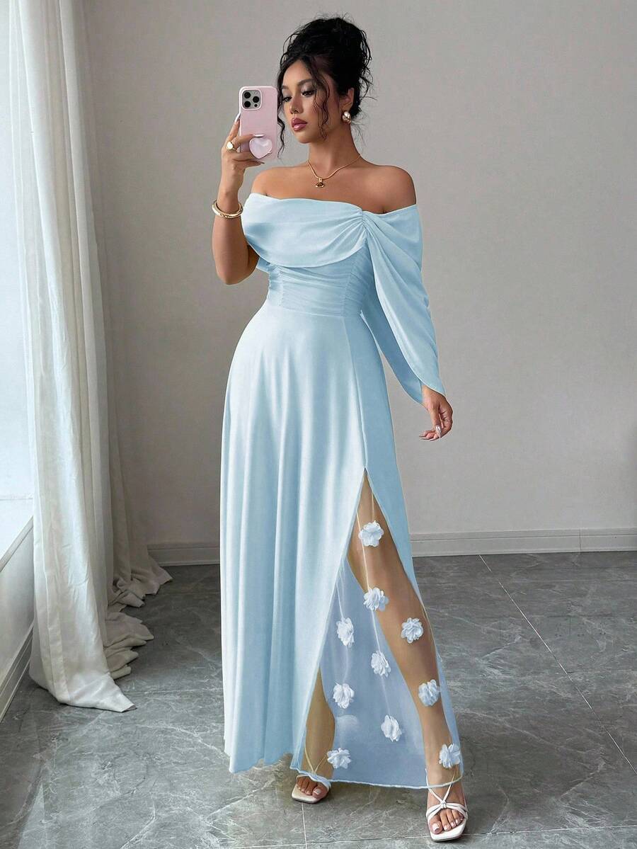 Selianne Váy Maxi thắt eo họa tiết hoa 3D thanh lịch mới dành cho nữ - Màu xanh nhạt - Xem 1