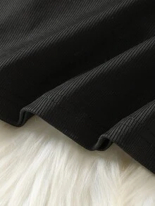 Solid Mock Neck Dress& Fuzzy Vest Coat - Black - View 7