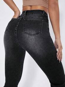 SHEIN EZwear Washed Denim Blue High Waist Flare Leg Jeans - Black - View 4