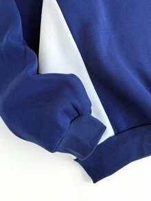 Manfinity VCAY 男式标准尺寸休闲套头衫，蓝色，正面图案印花，V 领撞色拼接，秋季、冬季 - 藍色 - 查看 5