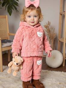 SHEIN Playful Pals 2 件套女婴春秋休闲风格套装保暖长袖上衣和长裤 - 粉色 - 查看 1