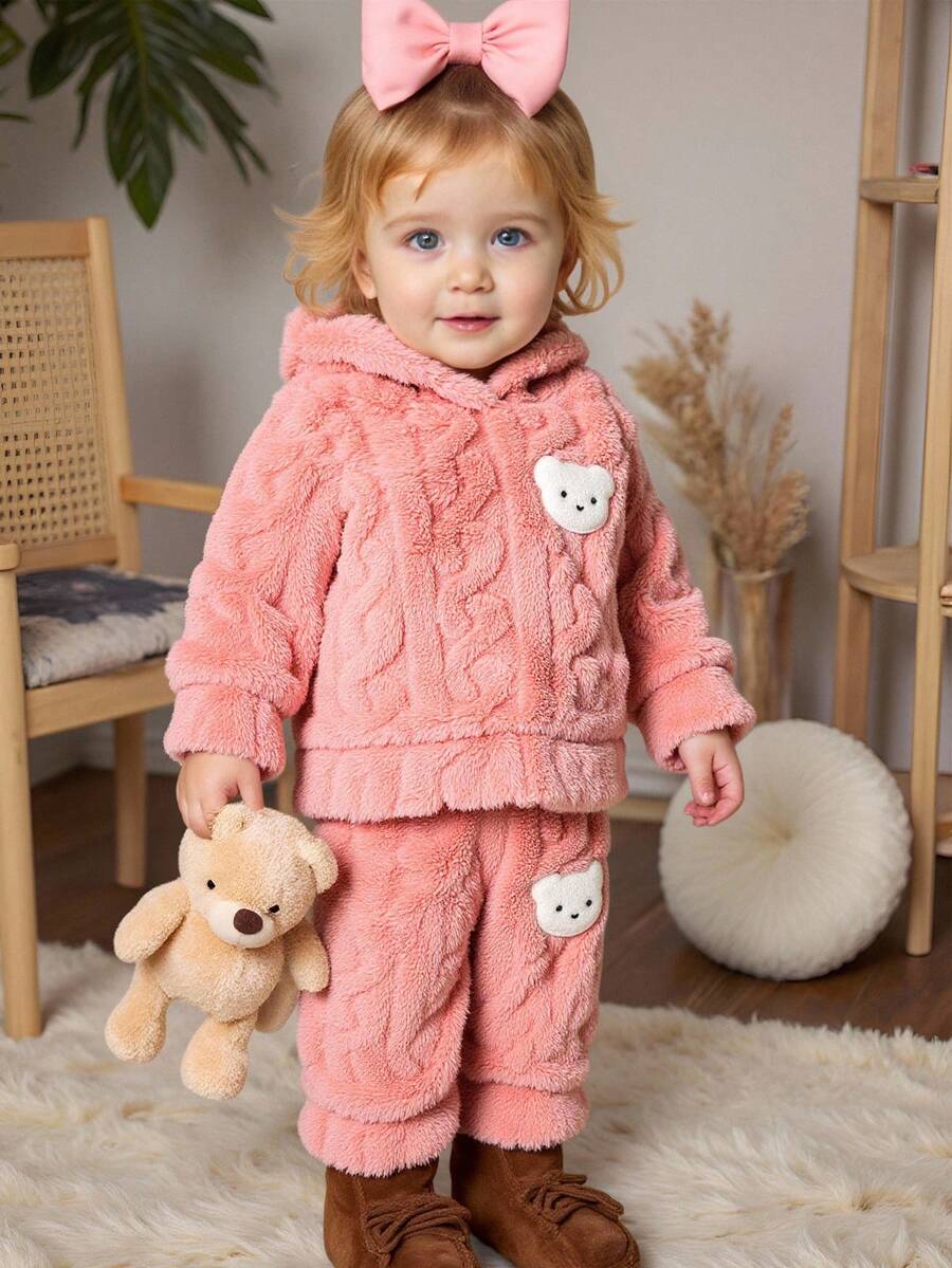 SHEIN Playful Pals 2 件套女婴春秋休闲风格套装保暖长袖上衣和长裤 - 粉色 - 查看 1