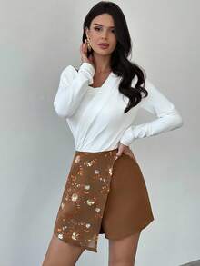 Firerie Falda-pantalón casual y elegante de patchwork marrón con bordados y cuentas, ideal para vacaciones, festivales de música, uso diario y urbano. Cintura baja, corte recto y suelto, adecuada para otoño/invierno, ropa de mujer, vuelta al colegio - Marrón - Ver 6