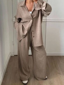 Strévra 女士西式度假沙滩纯色亚麻宽松休闲两件套，春季女士休闲套装